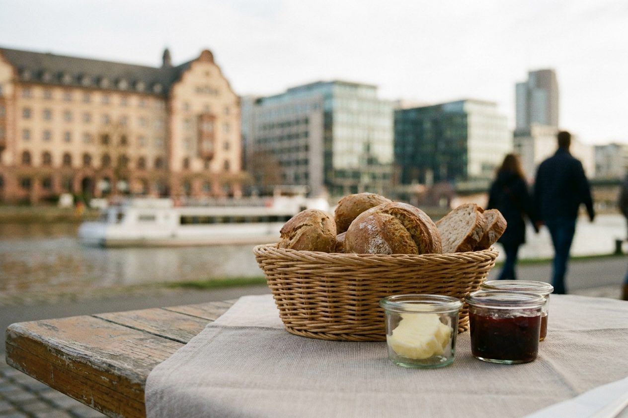 Brotkorb, Butter und Marmeladengläser in Nahaufnahme auf einer Leinentischdecke.