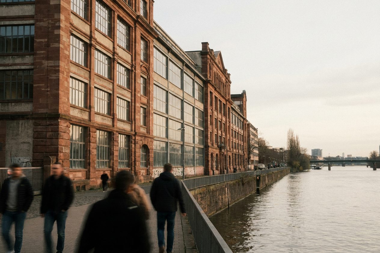 Die lange Backsteinfassade der ehemaligen Adlerwerke im warmen Nachmittagslicht.