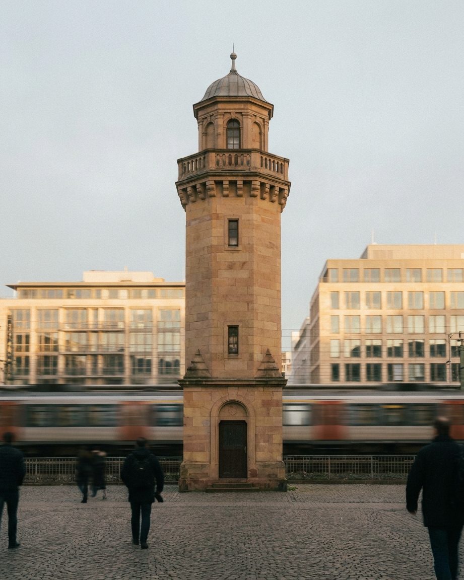 Die mittelalterliche Galluswarte im Hochformat, dahinter zieht eine S-Bahn als Bewegungsunschärfe vorbei.