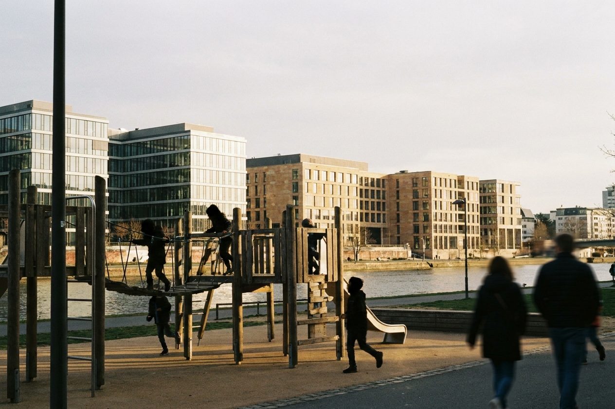 Spielplatz im Quartier bei tiefer Sonne, Kinder als Silhouetten, dahinter Neubaufassaden.