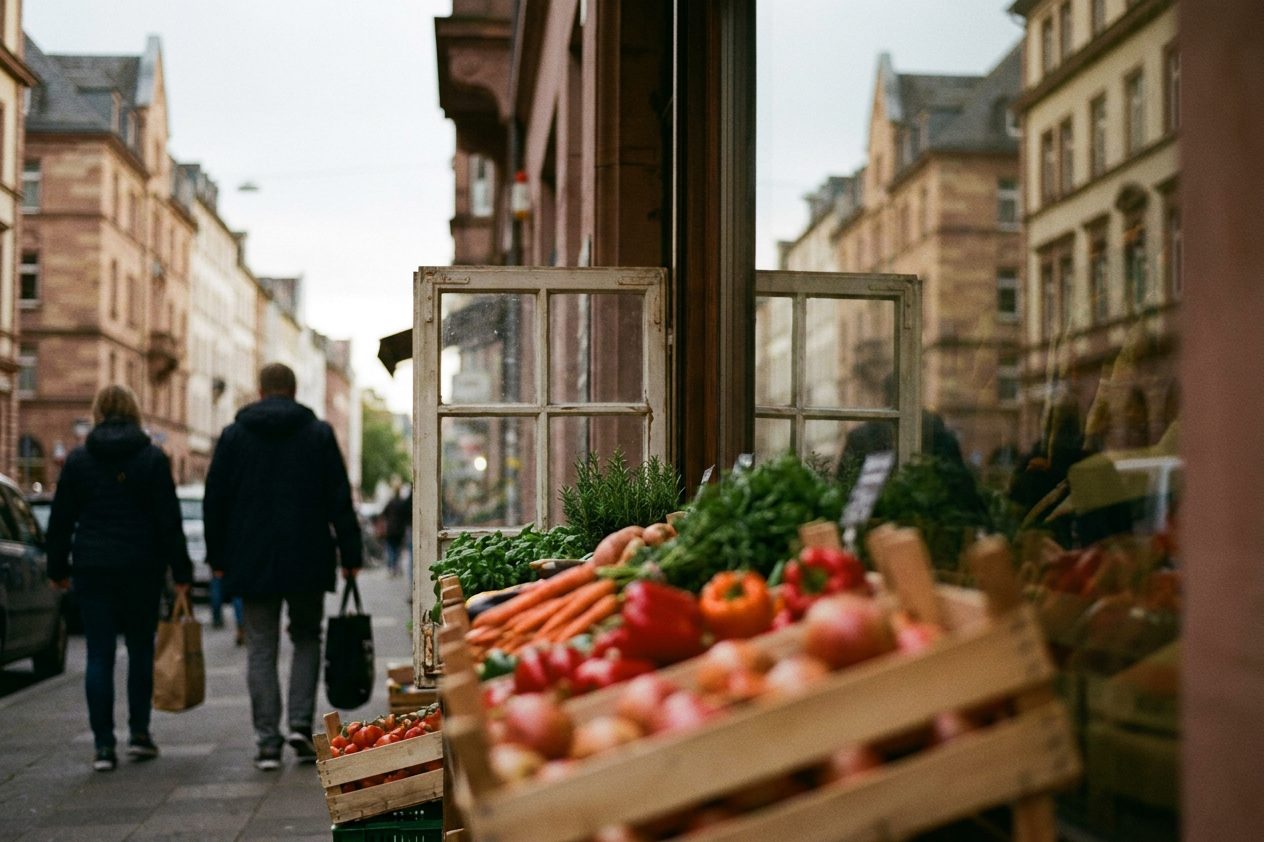 Nahaufnahme eines Ladenschaufensters mit internationalen Lebensmitteln, gestapelte Kisten davor.