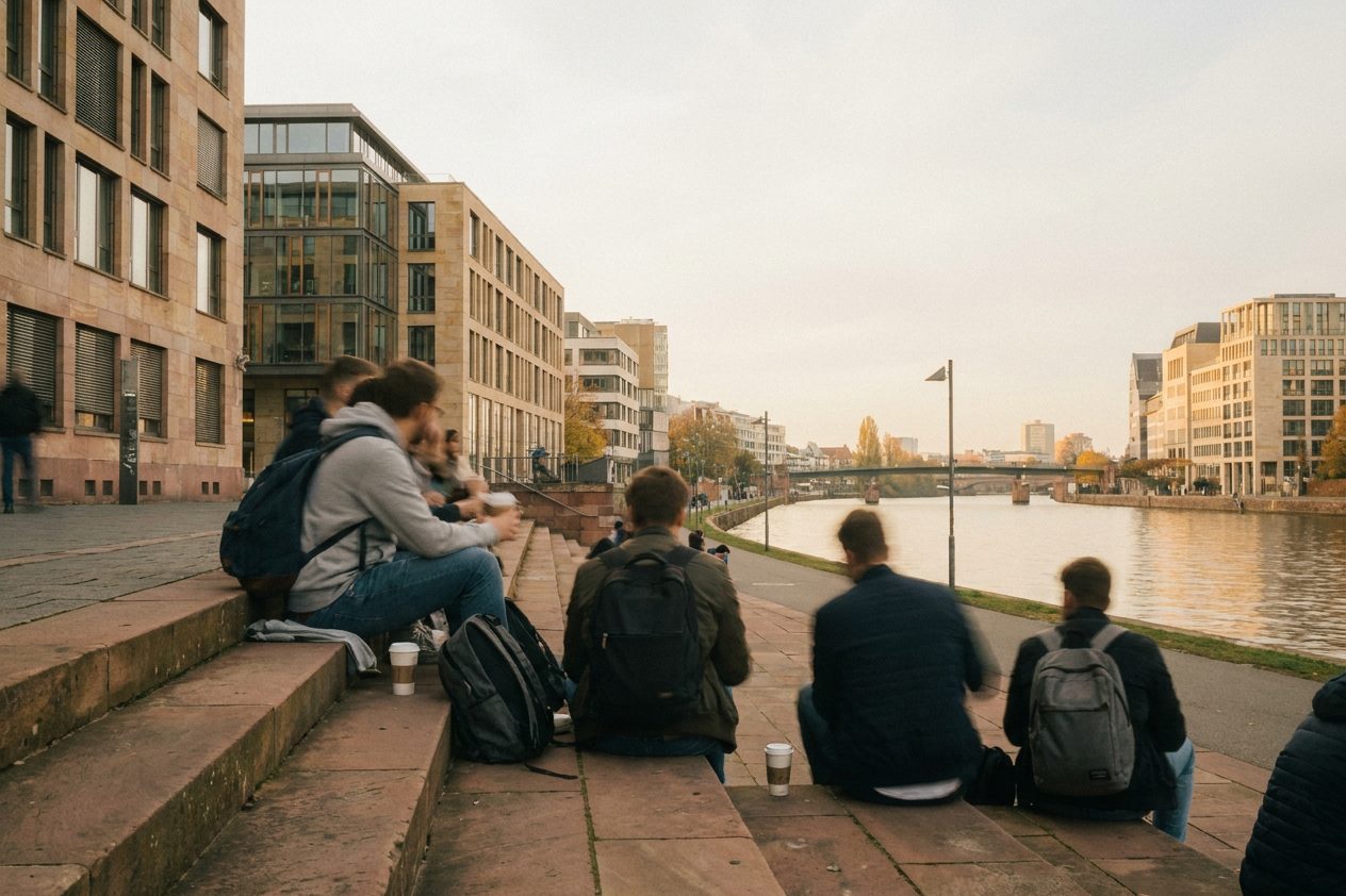 Studierende sitzen mit Büchern und Kaffeebechern auf breiten Treppenstufen vor einem Hochschulgebäude