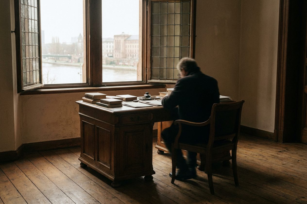 Historisches Interieur im Goethe-Haus mit Schreibpult, Dielenboden und warmem Fensterlicht im Dichterzimmer.