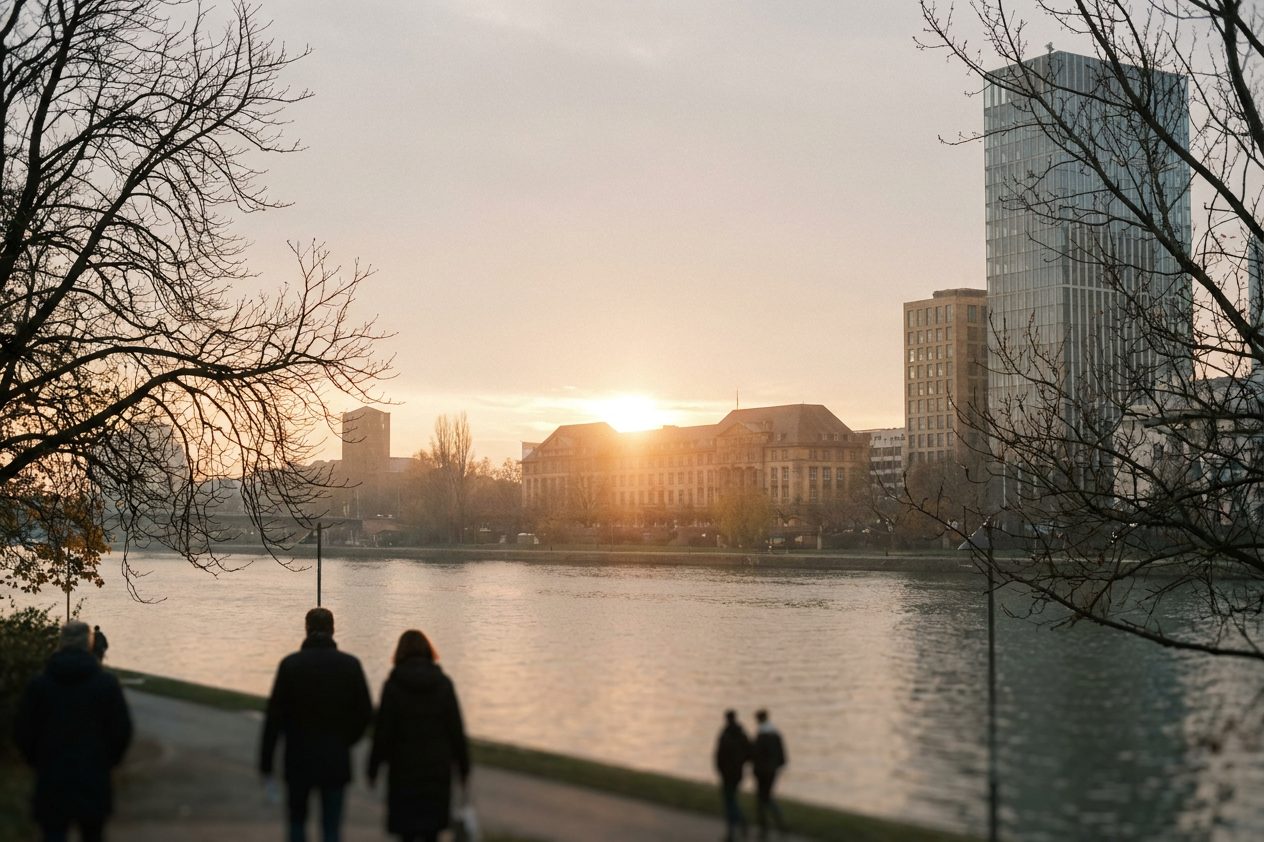 Blick von der Gerbermühle über den ruhigen Main in die Abendsonne, Bäume rahmen das Wasser.