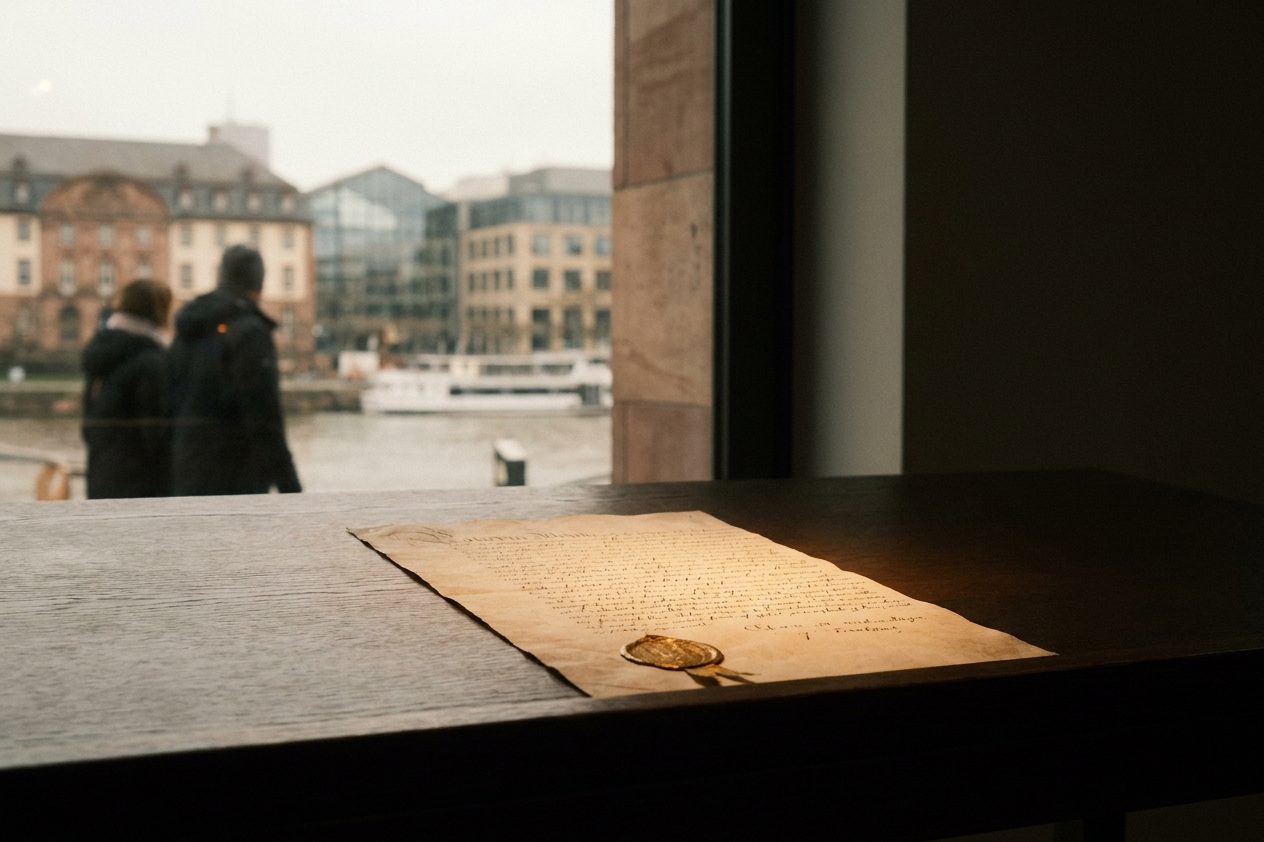 Ein Faksimile der Urkunde mit anhängendem goldenem Siegel auf dunklem Archivtisch unter Punktlicht.