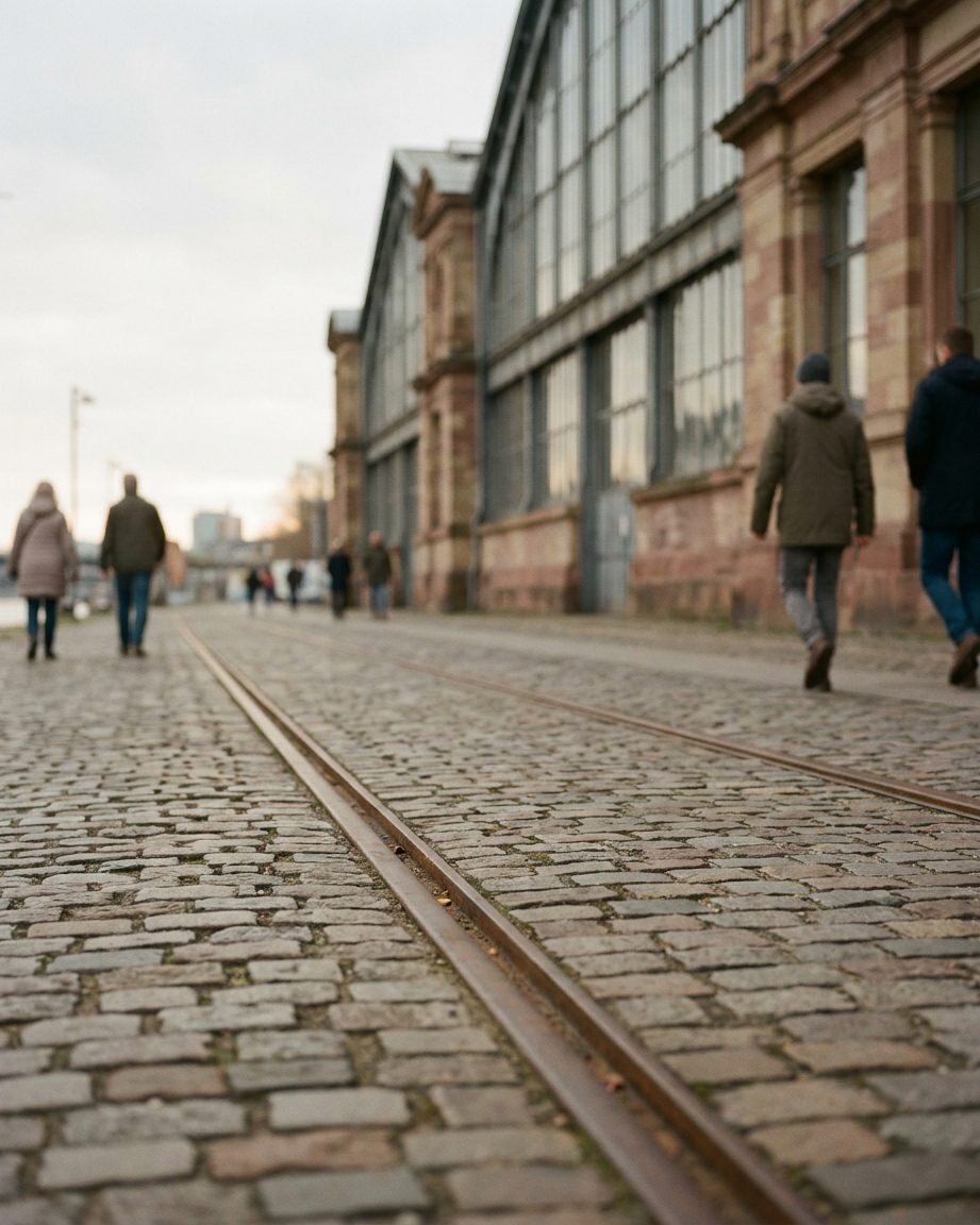 Erhaltene Gleisreste der Erinnerungsstätte führen im stillen Nachmittagslicht auf die historische Großmarkthalle zu.