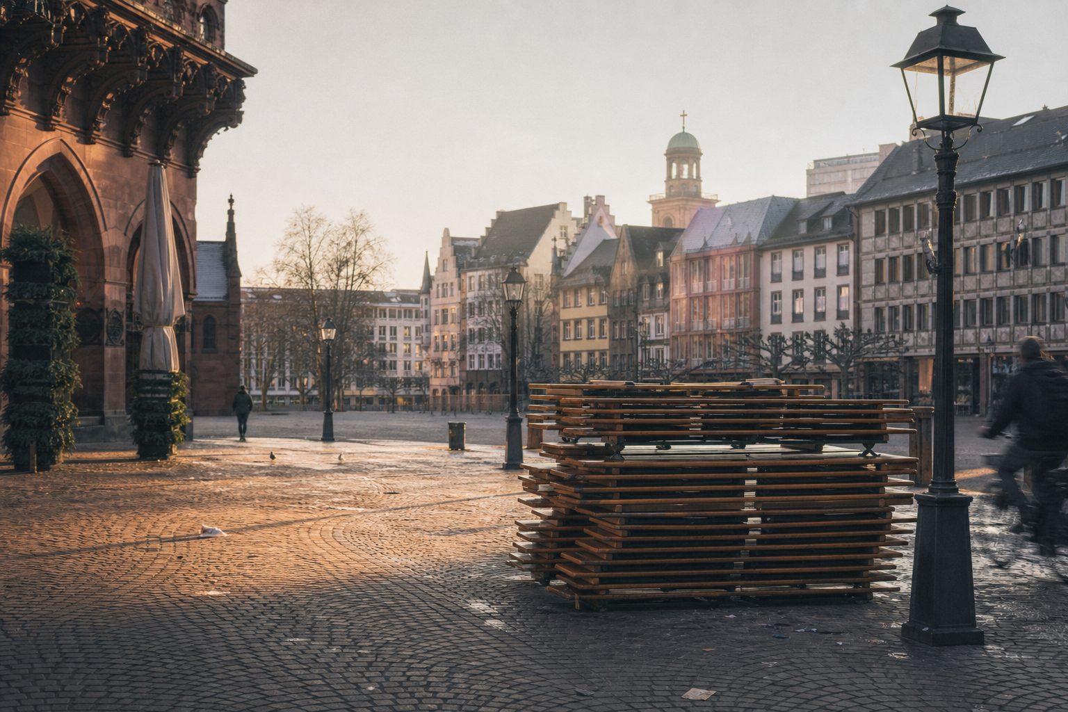 Der leere Roßmarkt am Morgen nach dem Festival, gestapelte Bierbänke im ersten Licht.