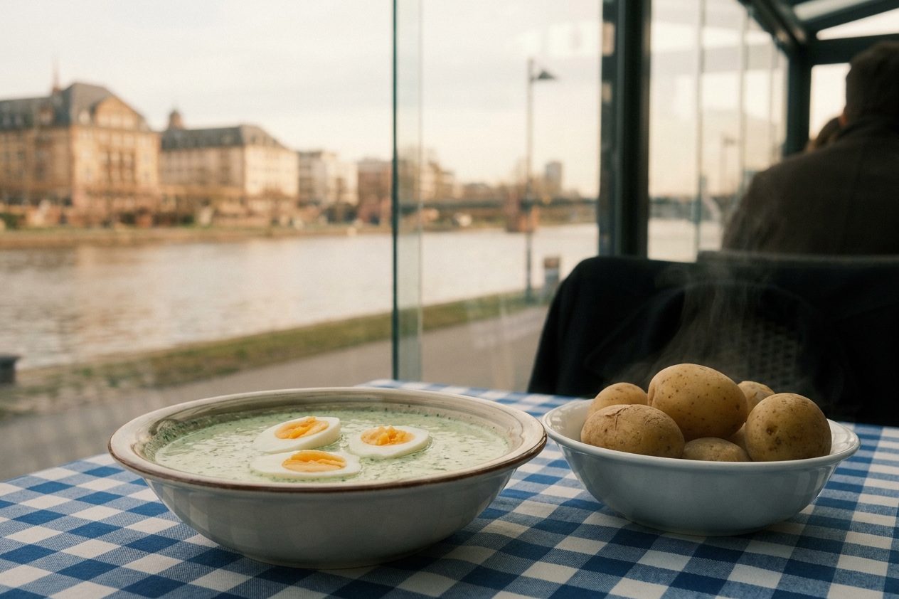 Eine Schüssel hellgrüner Grüner Soße neben halbierten hartgekochten Eiern und dampfenden Pellkartoffeln auf einem karierten Tischtuch.