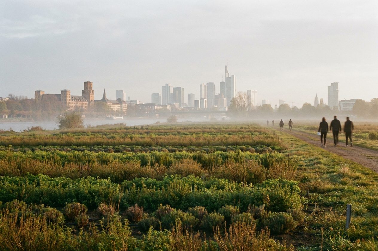 Kräuterfeld in Frankfurt-Oberrad im Morgendunst, am Horizont zeichnet sich schemenhaft die Skyline der Bankentürme ab.