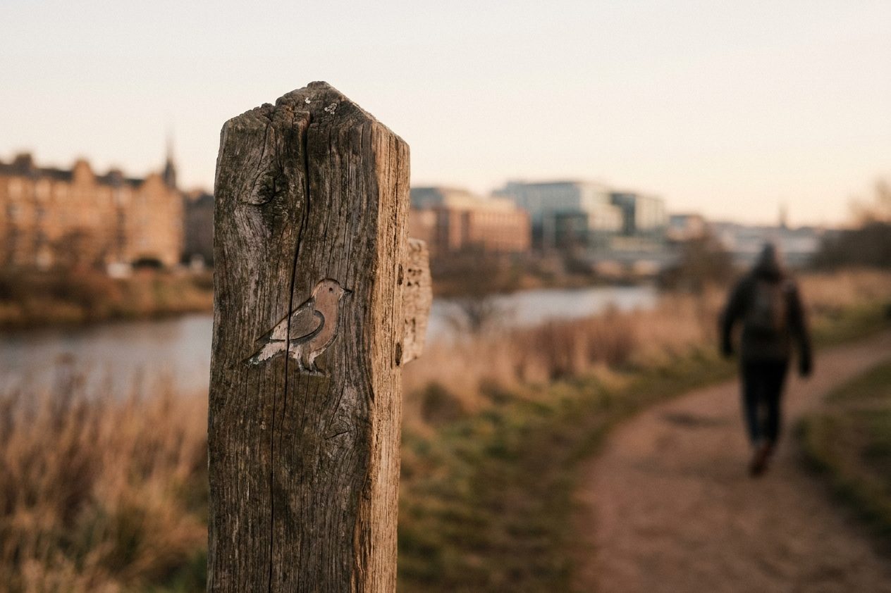 Verwitterter Wegweiser mit handgemaltem Fabelwesen-Symbol an einem Feldweg im GrünGürtel