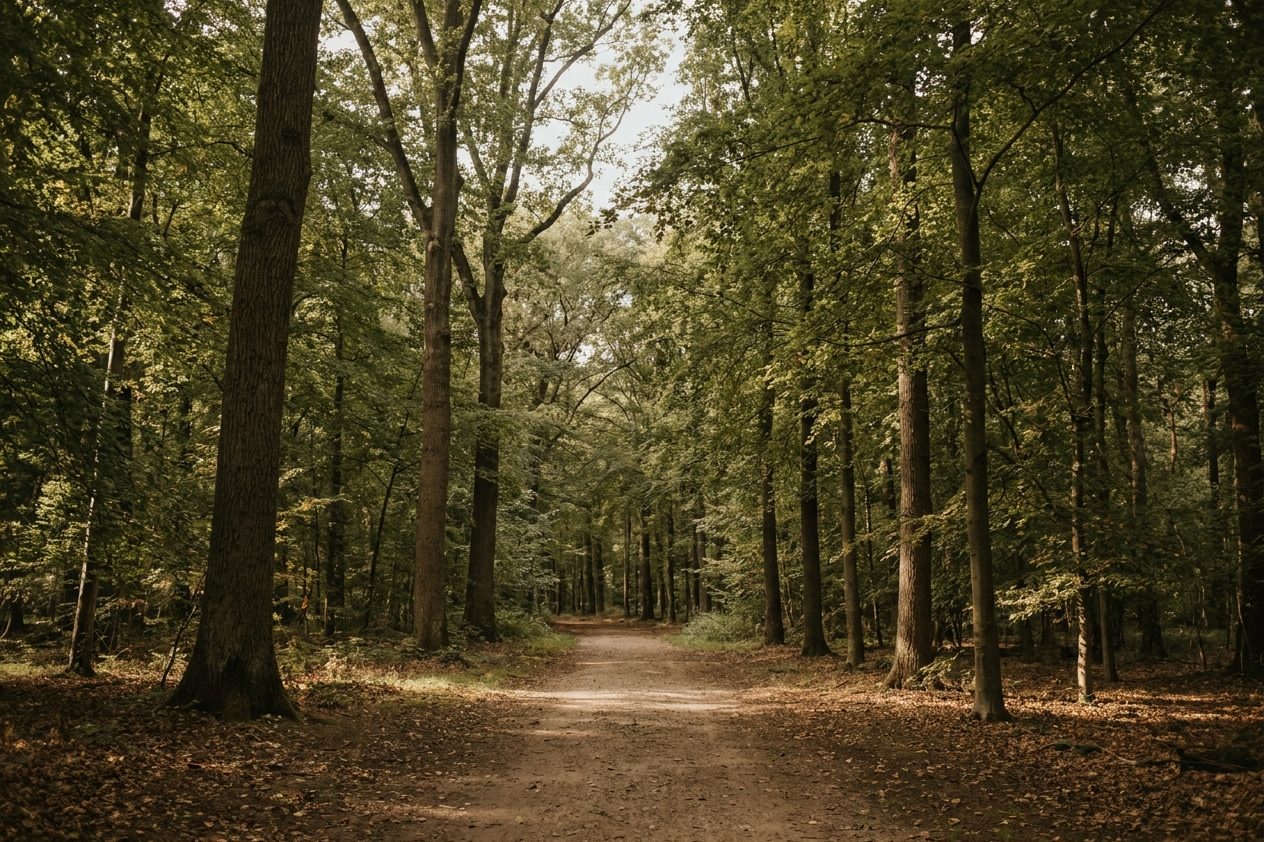 Schattiger Waldweg mit hohen Bäumen und einfallendem Sonnenlicht in einem großen Stadtwald