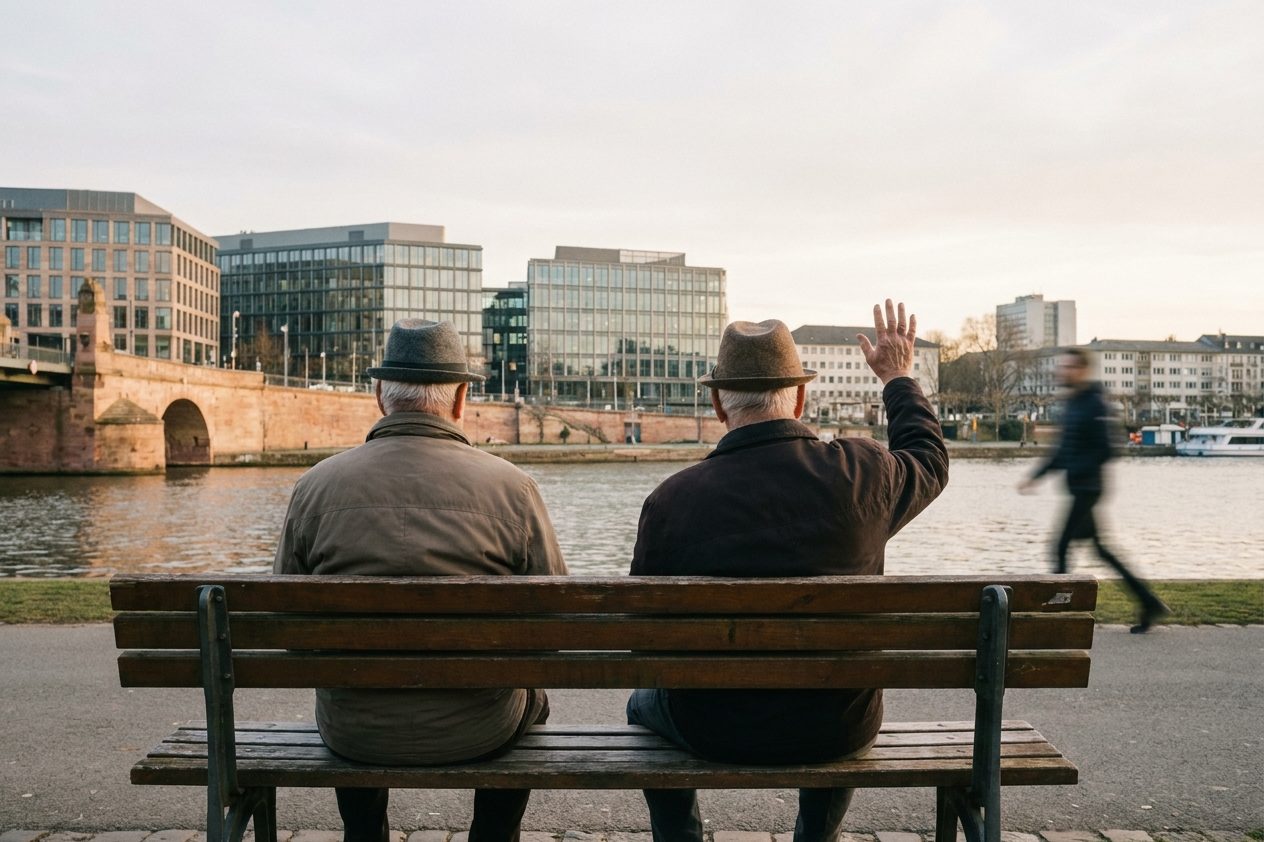 Zwei ältere Herren von hinten auf einer Bank am Mainufer, einer hebt grüßend die Hand in Richtung eines Passanten.