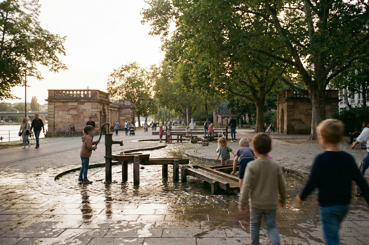 Wasserspielplatz in einem Stadtpark, Kinder an flachen Wasserrinnen und Pumpen, alte Bäume und Sonnenlicht dahinter