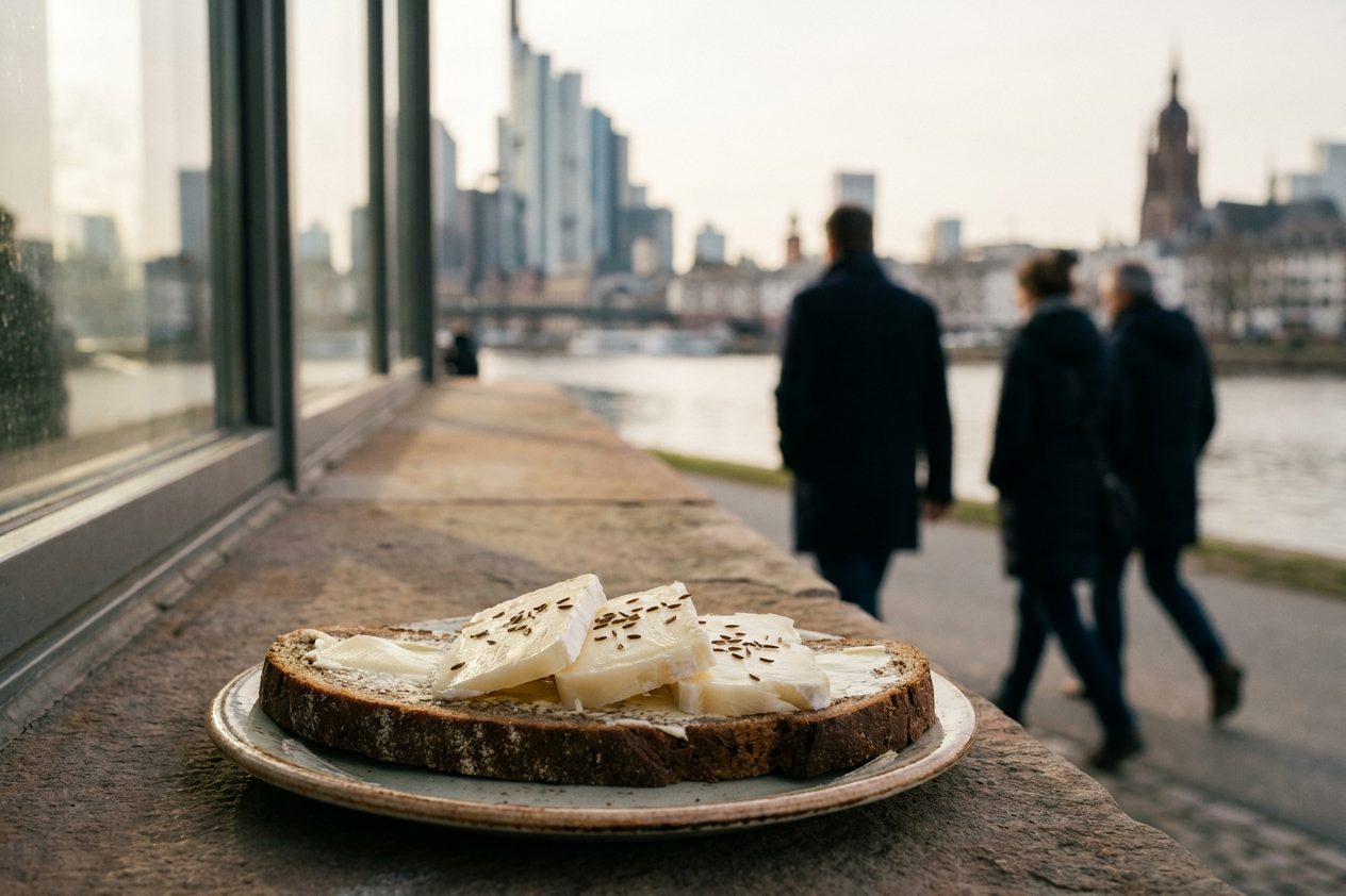 Nahaufnahme einer Scheibe Schwarzbrot mit Butter und aufgeschnittenem Handkäs, die Marinade glänzt im warmen Licht.