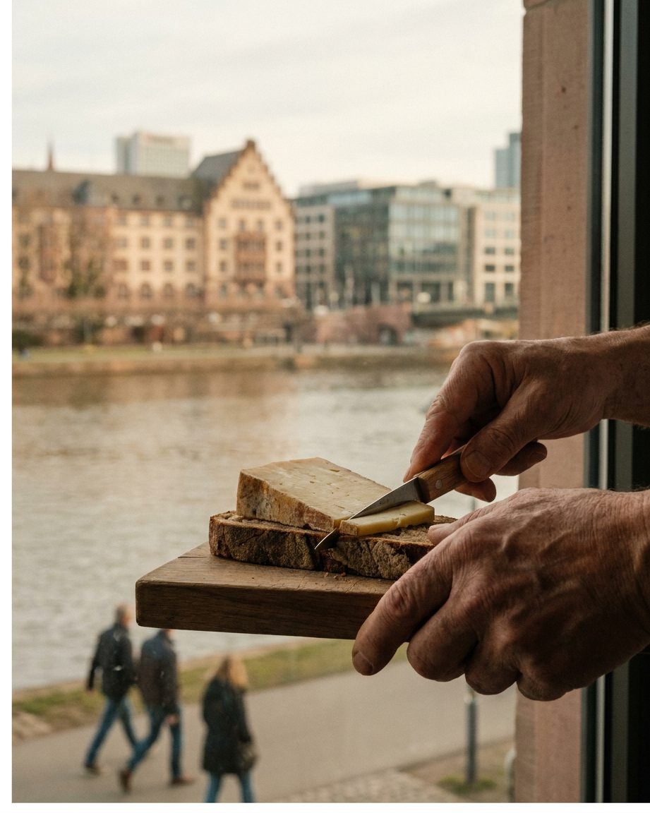 Zwei Hände schneiden mit einem Messer ein Stück Handkäs auf eine gebutterte Brotscheibe, kein Gesicht im Bild.