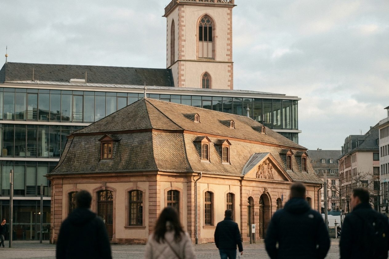 Das geschwungene Mansarddach der Hauptwache im Detail, dahinter der helle Turm der Katharinenkirche vor blassem Dezemberhimmel.