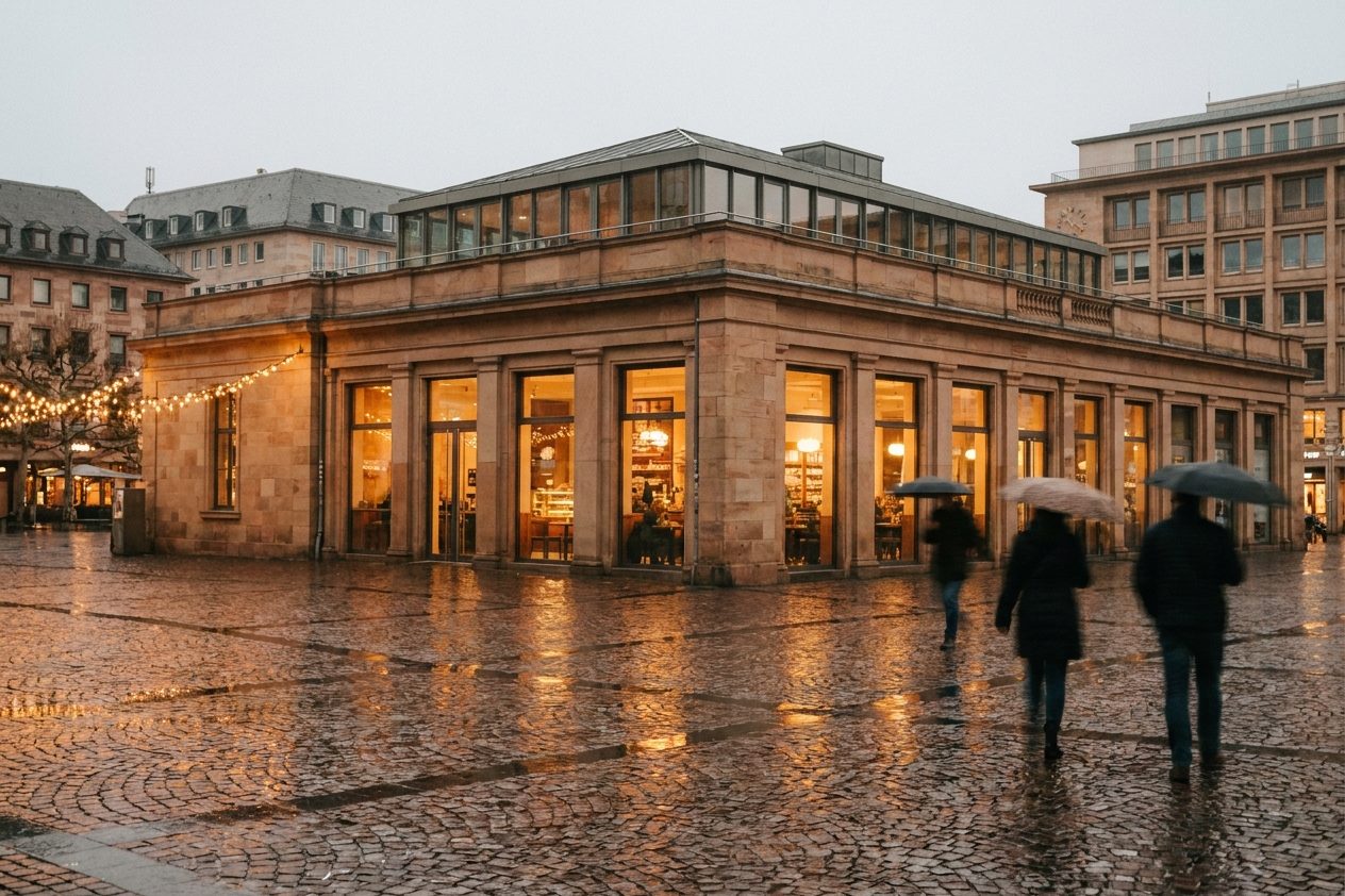 Die Hauptwache in der blauen Stunde: warm erleuchtete Caféfenster im Barockbau, davor spiegelndes Pflaster und Lichterketten in Unschärfe.