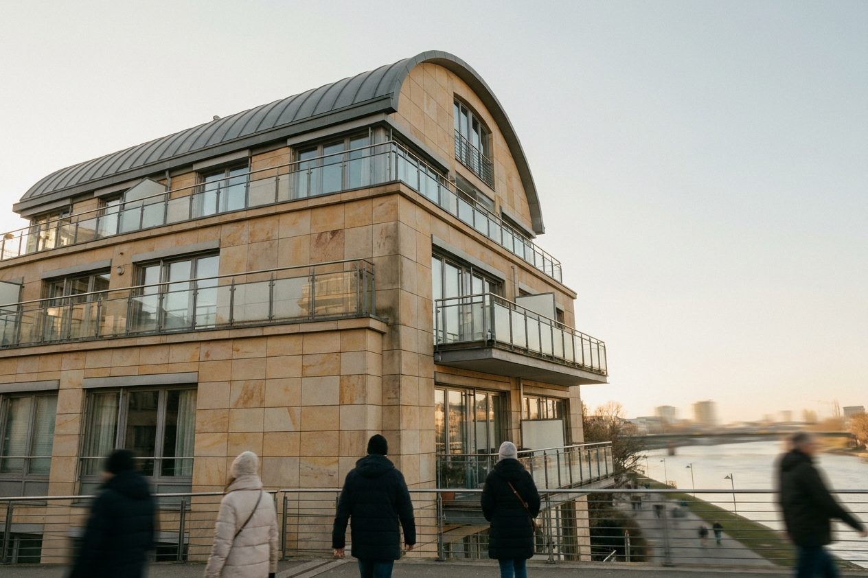 Blick von unten auf den markanten oberen Abschluss eines Wohnturms mit umlaufenden Balkonen