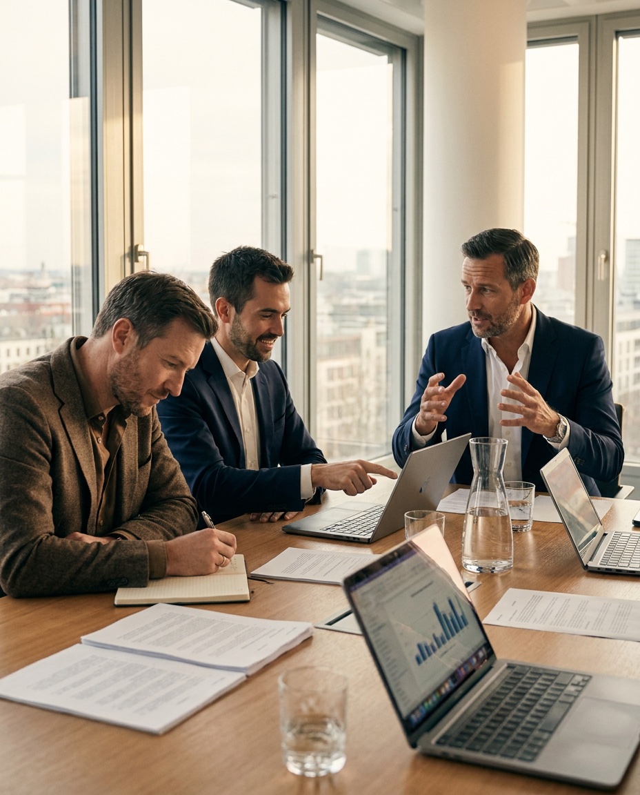 Ein Beraterteam bespricht an einem Konferenztisch mit Unterlagen und Laptop die nächsten Umsetzungsschritte eines Mandats.