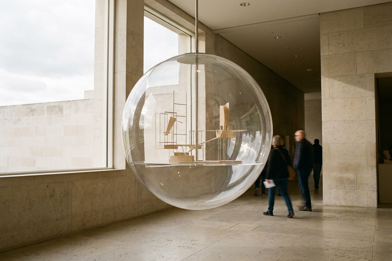 Große kugelförmige Vitrine in einem hellen Museumsfoyer, darin kleine Stadtmodelle, Besucher gehen ringsum vorbei.