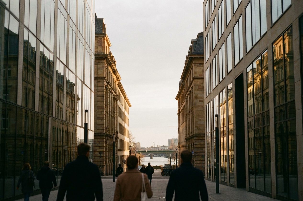 Blick in die Häuserschlucht der Neuen Mainzer Straße, Glasfassaden links und rechts fangen das schräge Morgenlicht.