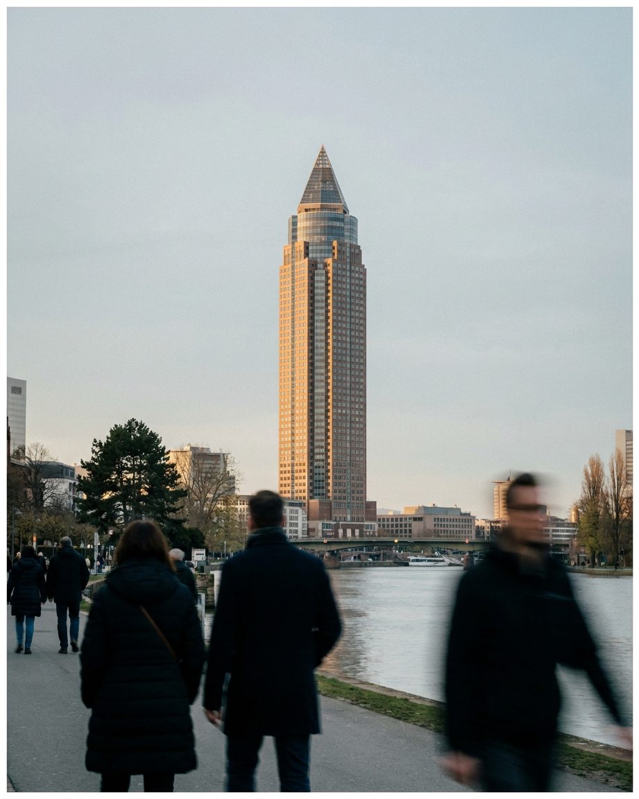 Die gestufte Pyramidenspitze des Messeturms ragt vor tiefblauem, wolkenlosem Himmel auf.