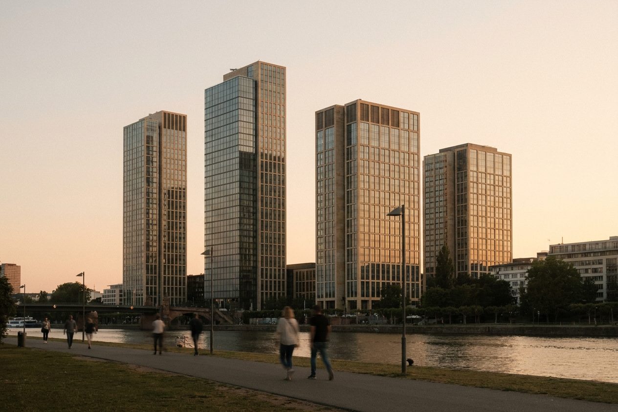 Die vier Türme des FOUR-Ensembles glühen im Abendrot, gesehen durch die Bäume der Taunusanlage.