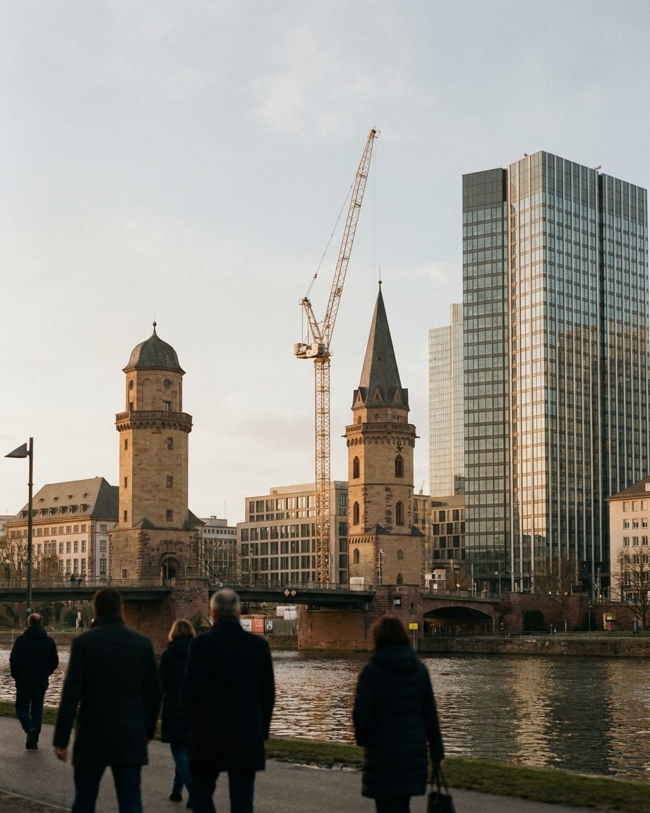 Ein Baukran ragt zwischen zwei bestehenden Hochhaustürmen in den blauen Himmel, Hochformat.