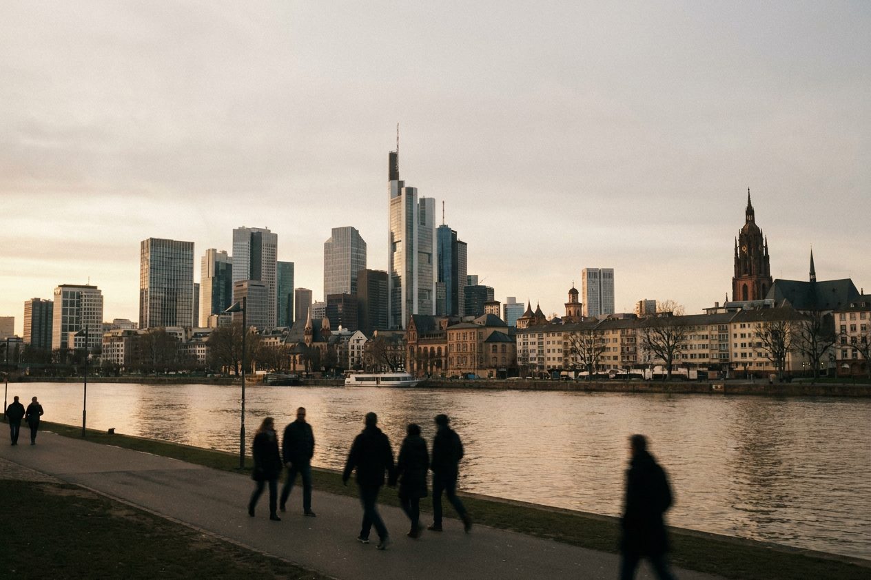Die Frankfurter Skyline als dunkle Silhouette bei Sonnenuntergang, davor Spaziergänger als Schattenrisse am Sachsenhäuser Mainufer.