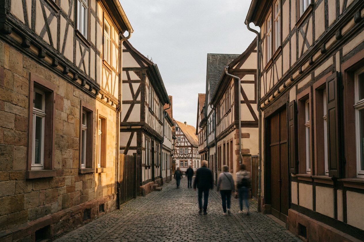 Enge Fachwerkgasse mit Kopfsteinpflaster in der Höchster Altstadt, warmes Seitenlicht fällt auf die Fassaden.