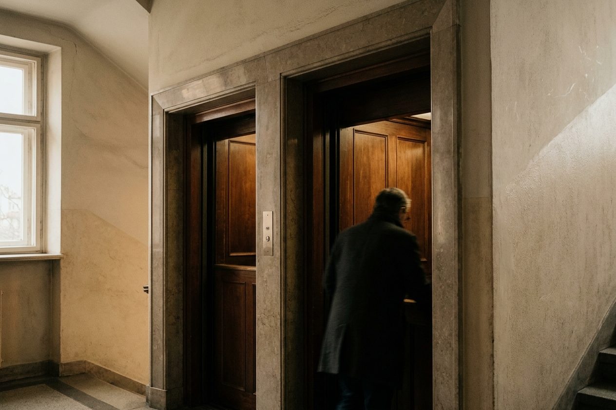Offener Paternoster-Aufzug mit hölzernen Kabinen, die sich langsam durch ein Treppenhaus bewegen