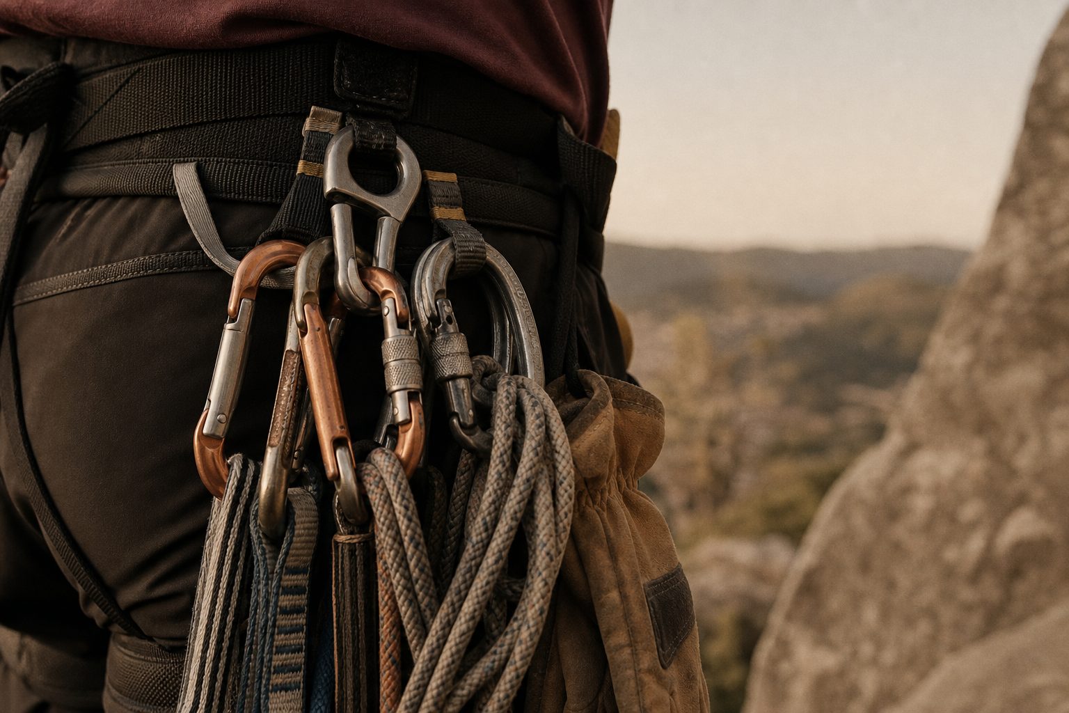 Nahaufnahme eines Klettergurts mit Karabinern, aufgerollten Seilen und abgegriffenen Arbeitshandschuhen auf dem Dach eines Hochhauses.
