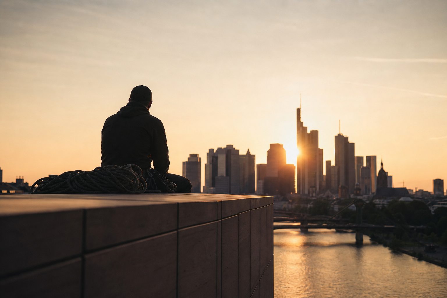 Silhouette eines Industriekletterers auf einer Dachkante bei Sonnenuntergang, neben ihm aufgerollte Seile, dahinter der glühende Abendhimmel.