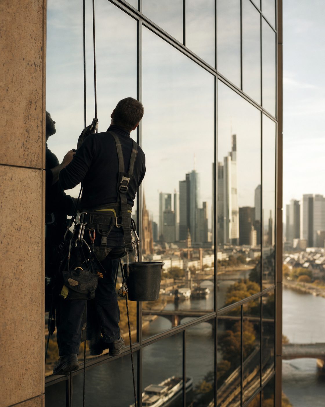 Ein Industriekletterer von hinten im Gurt vor einer spiegelnden Glasfassade, in der sich die Stadt und der Himmel verzerrt spiegeln.