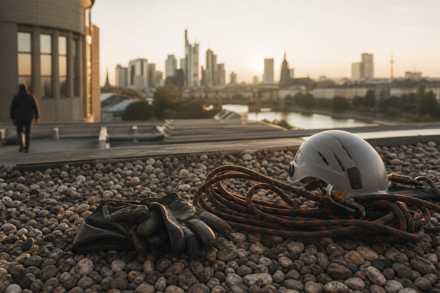 Handschuhe, Helm und sauber aufgerollte Seile liegen auf dem Kies eines Hochhausdachs im warmen Abendlicht.