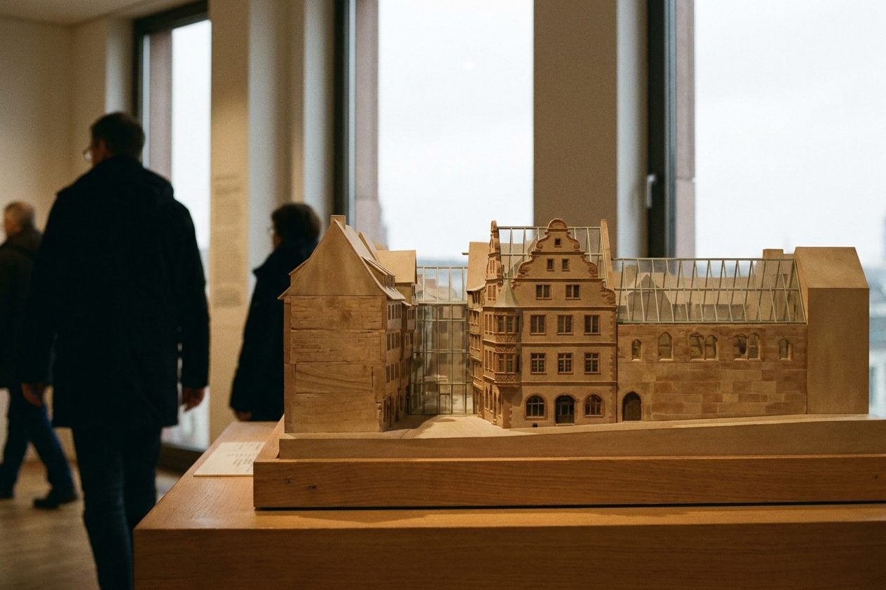 Detailliertes Stadtmodell der historischen Judengasse mit dicht gedrängten Giebelhäusern, in warmes Ausstellungslicht getaucht.