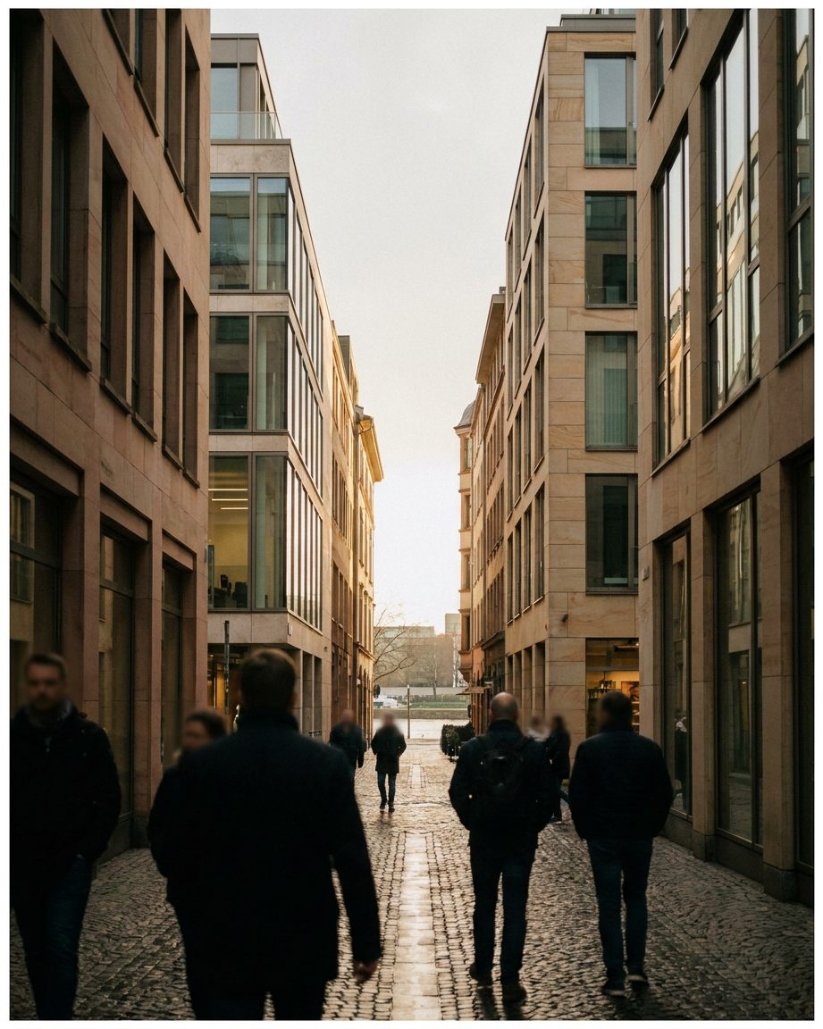 Enge Straßenflucht der Fahrgasse im Gegenlicht, alte und neue Gebäudekanten staffeln sich hintereinander.