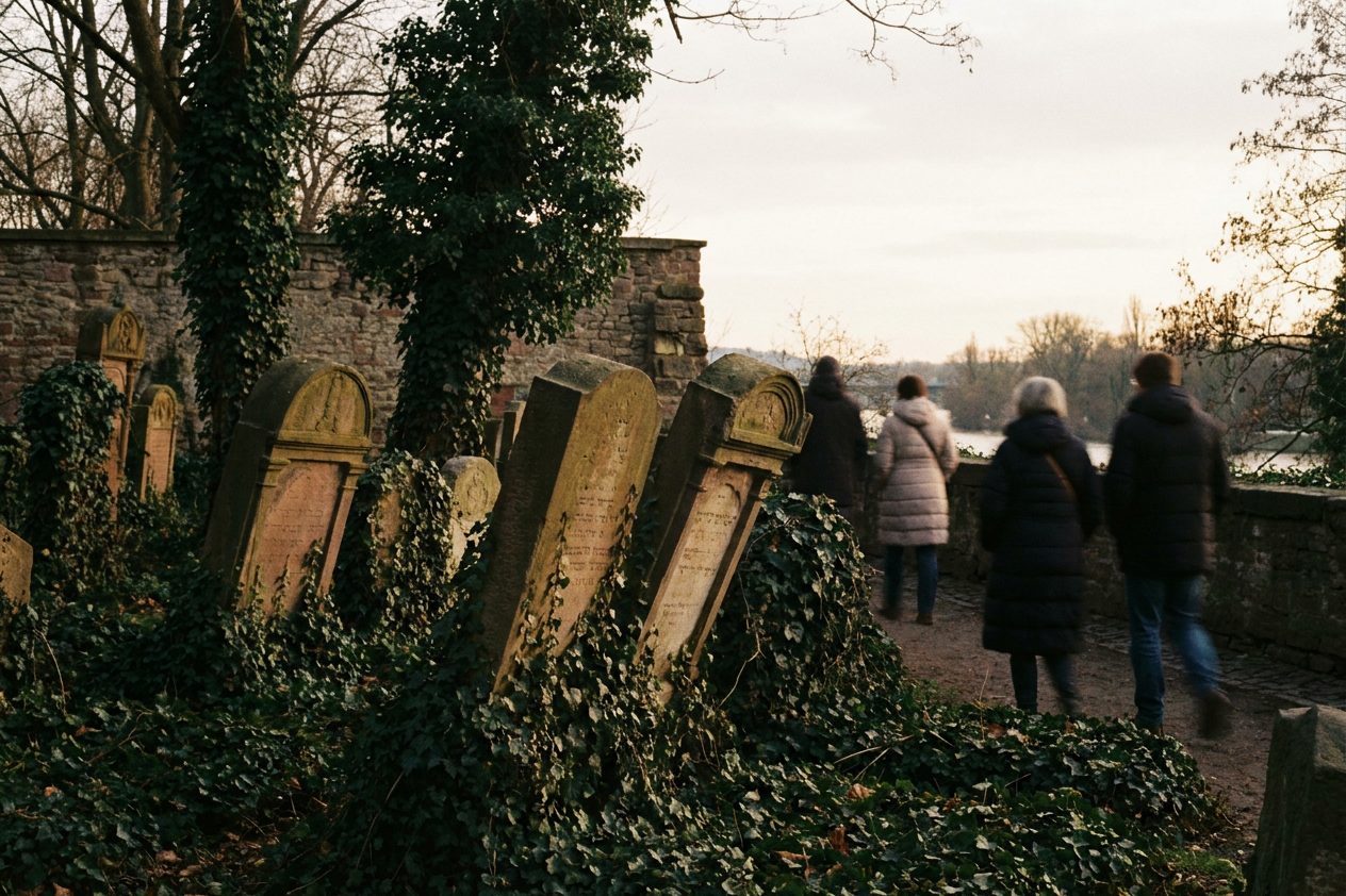 Efeubewachsene, schief stehende Grabsteine des Alten Jüdischen Friedhofs an der Battonnstraße im milden Abendlicht.