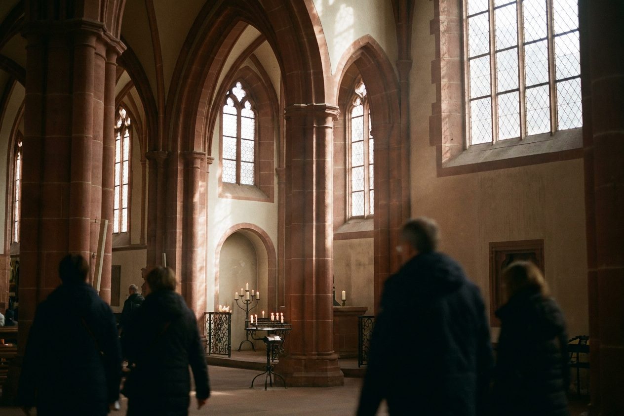 Das hohe Querhaus im Inneren des Doms mit rotem Mainsandstein, Kerzenlicht und einfallendem Streiflicht.
