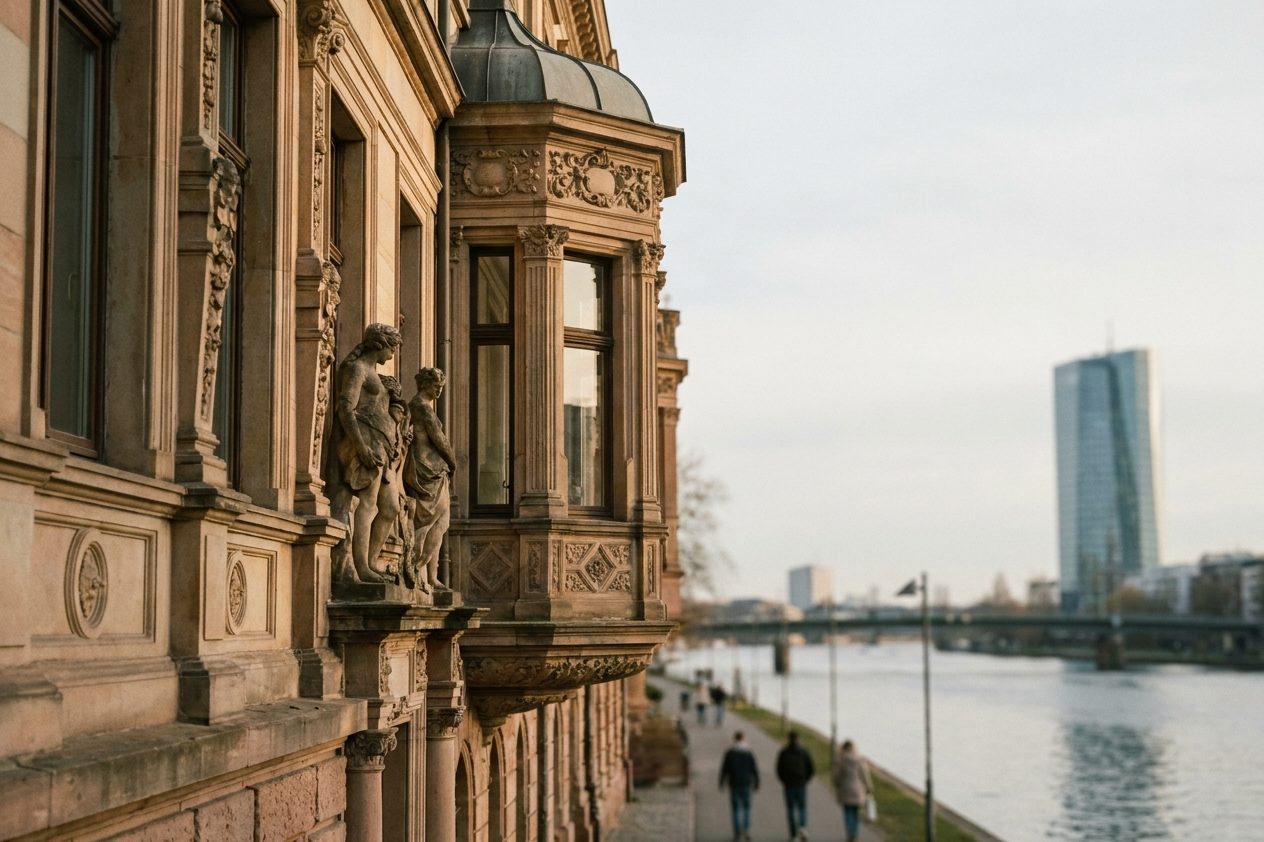 Stuckdetails, Erker und Figurenschmuck einer Gründerzeitfassade an der Kaiserstraße im warmen Streiflicht.