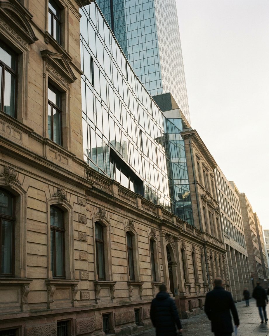 Blick an einer Gründerzeitfassade empor, unten Stuck und Erker, dahinter die Spiegelglasscheiben eines Hochhauses.