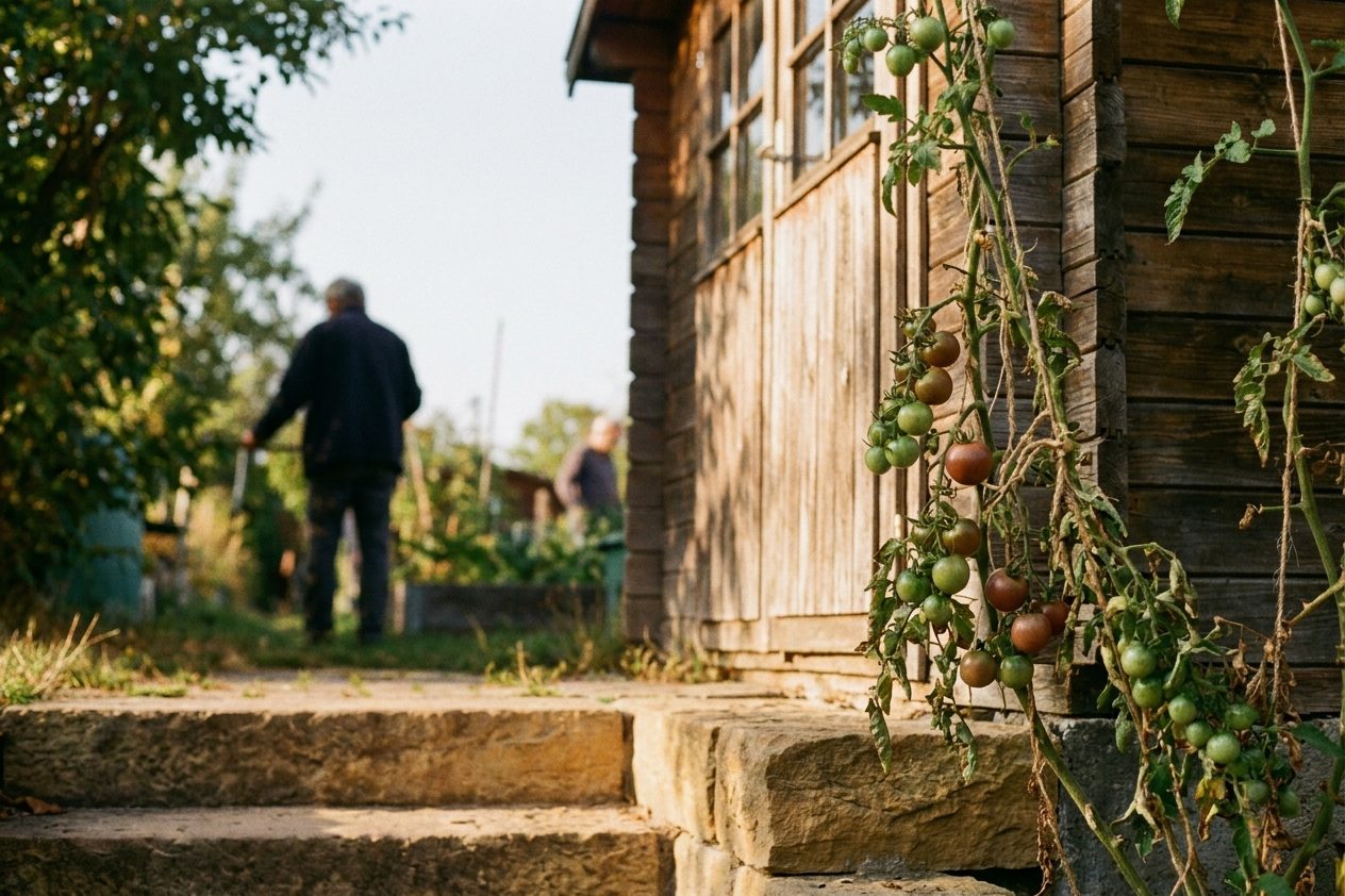Nahaufnahme reifender Tomaten, teils grün, teils rot, an einer Pflanze vor einer Gartenlaube
