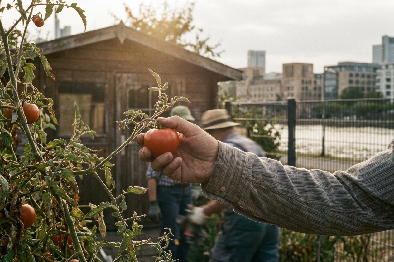 Nahaufnahme einer Gartenhand, die reife Tomaten von einem Strauch pflückt, im Hintergrund eine Laube.