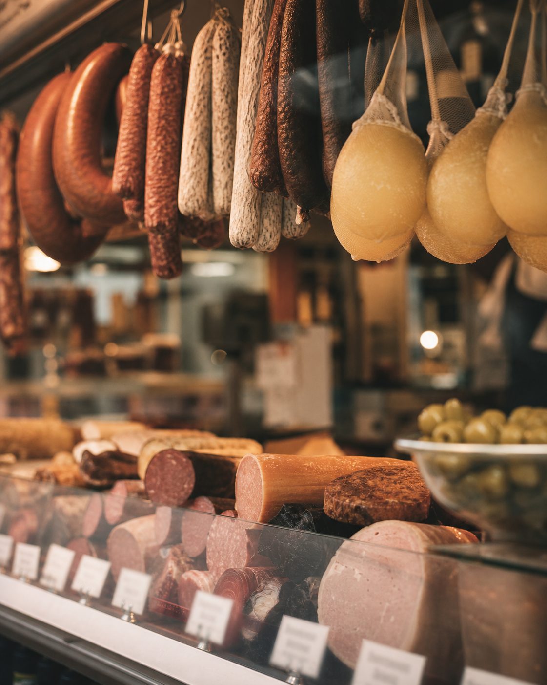 Stillleben einer Wursttheke mit hängenden Würsten und Handkäs im warmen Thekenlicht, die Preisschilder unscharf.