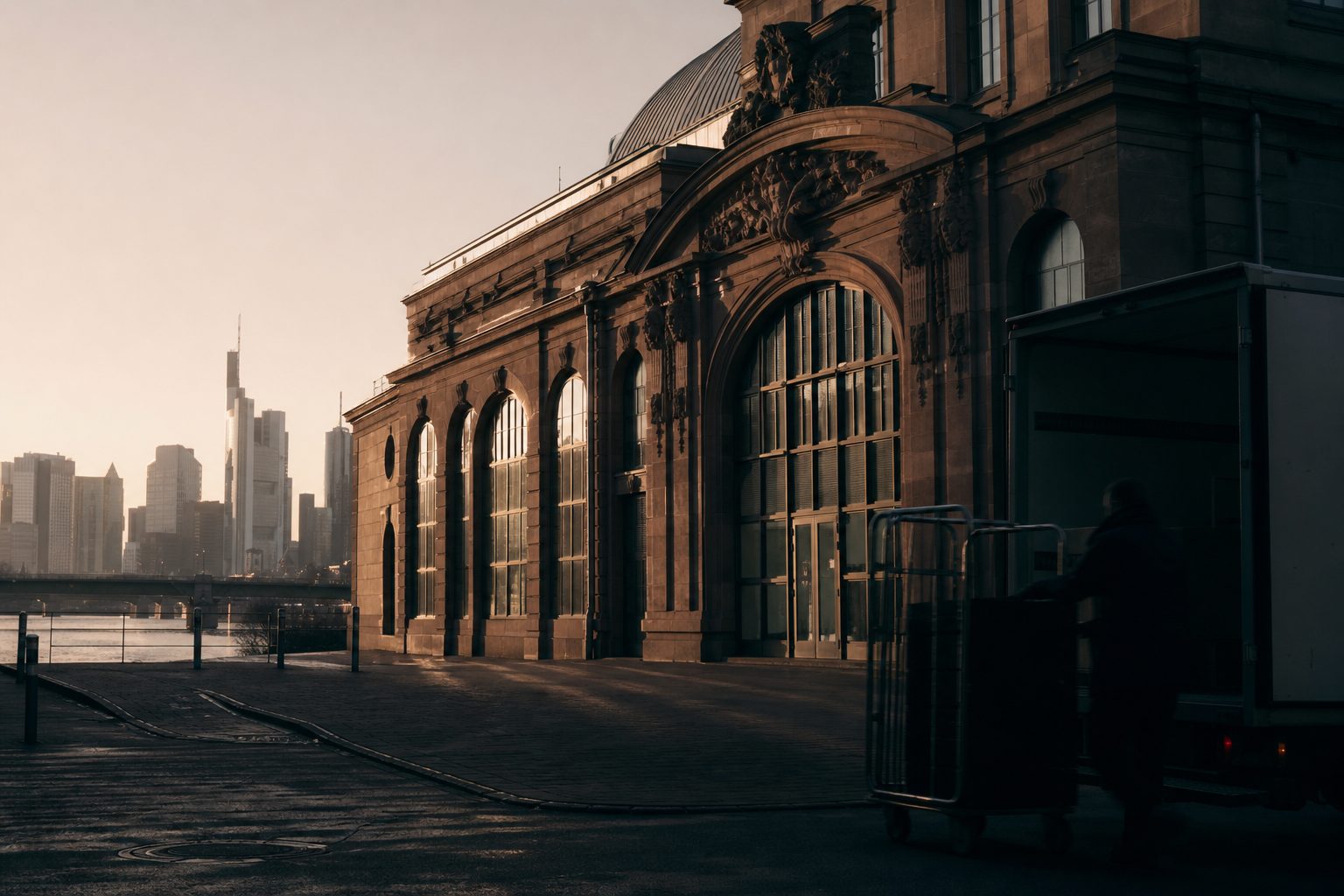 Die Fassade der Kleinmarkthalle an der Hasengasse in der Morgendämmerung, Lieferwagen und Rollwagen als Silhouetten.