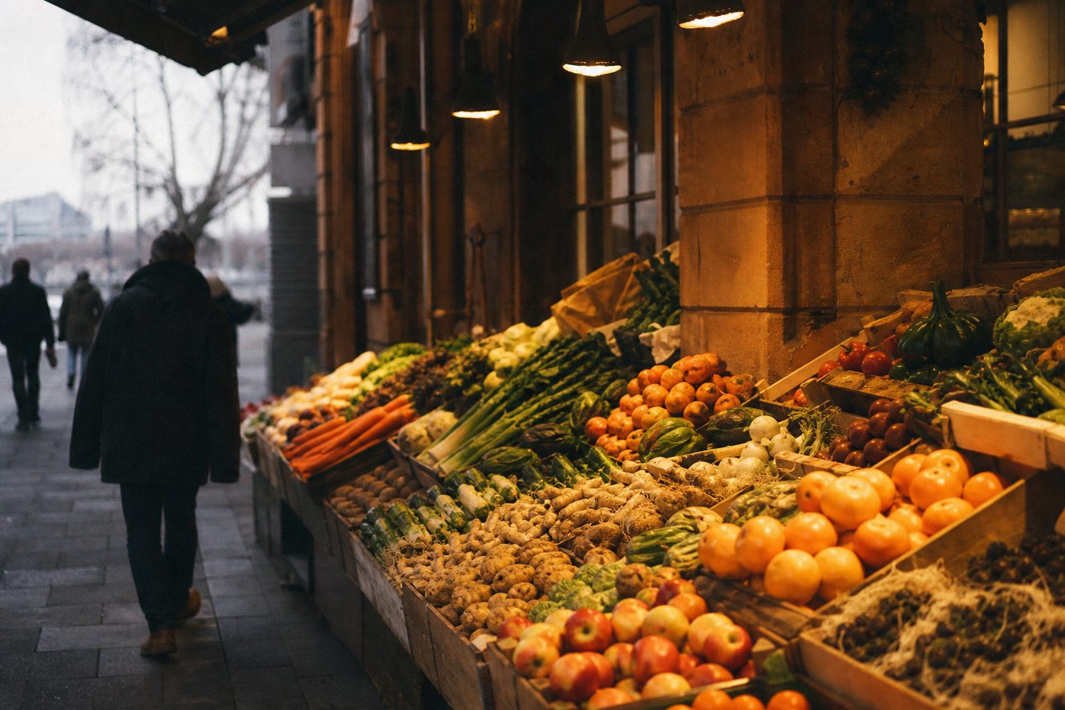 Marktstand in der Kleinmarkthalle mit aufgetürmtem Obst und Gemüse in Holzsteigen unter warmem Lampenlicht.