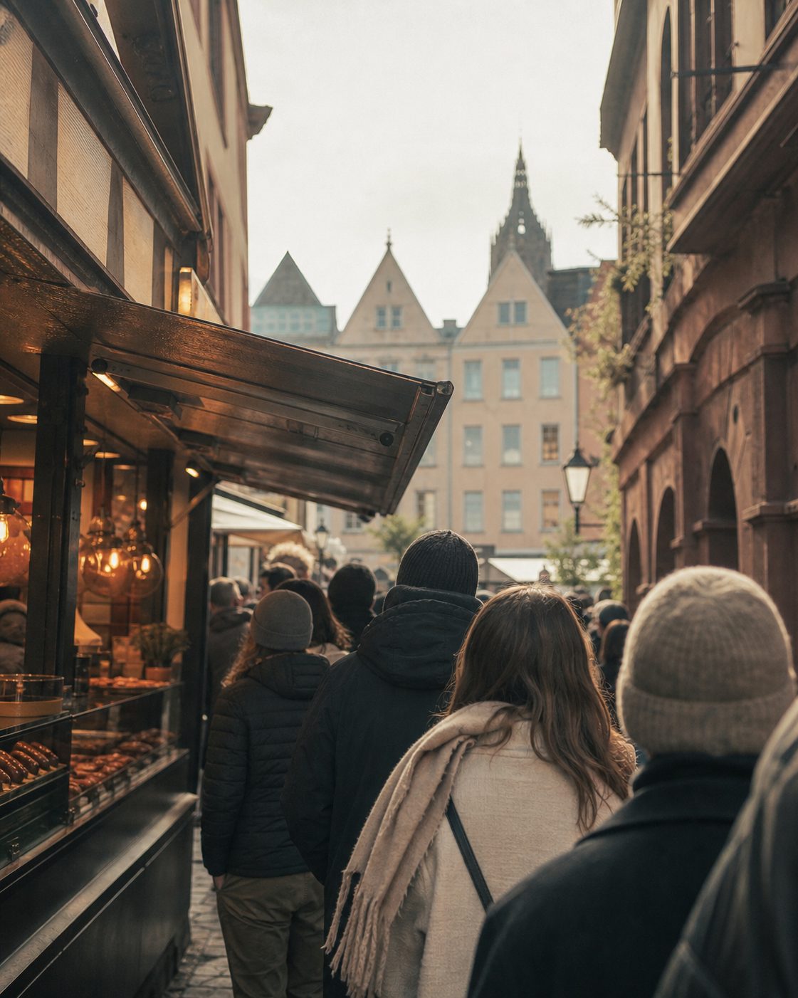 Eine lange Menschenschlange von hinten gesehen, wartend vor einem kleinen Wurststand zwischen engen Marktgängen.
