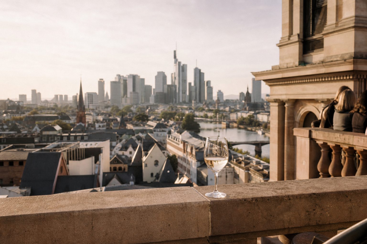 Ein Weinglas auf der Brüstung der Terrasse über der Kleinmarkthalle, dahinter Frankfurter Innenstadtdächer im Nachmittagslicht.
