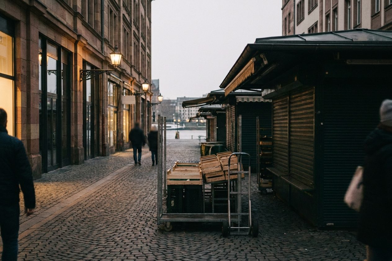 Leere Marktgänge der Kleinmarkthalle nach Ladenschluss, warmes Restlicht, gestapelte Kisten und heruntergelassene Rollgitter.