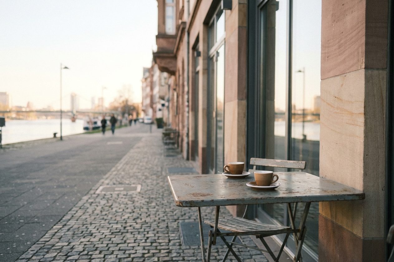 Zwei Espressotassen auf einem kleinen Bistrotisch am Gehweg, dahinter unscharf die Straße im Morgenlicht.